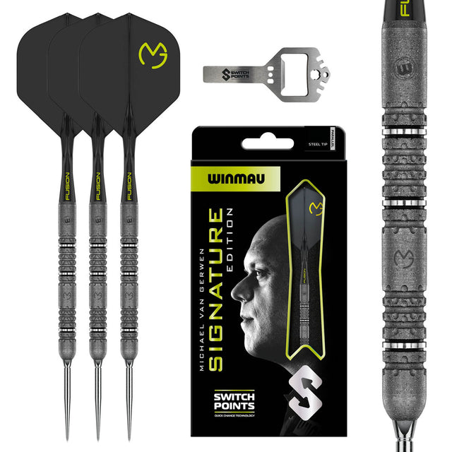 Michael van Gerwen MvG Signature Edition Switch Point Steel Tip Darts main product image showing the darts, packaging, flights, shafts, and included accessories