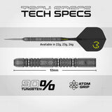 Michael van Gerwen MvG Signature Edition Switch Point Steel Tip Darts technical specifications image showing barrel dimensions, weight information, grip profile, and key product features