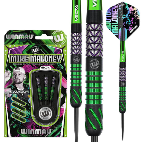 Mike Maloney Steel Tip Darts main product image showing the darts, packaging, flights, shafts, and included accessories
