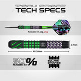 Mike Maloney Steel Tip Darts technical specifications image showing barrel dimensions, weight information, grip profile, and key product features