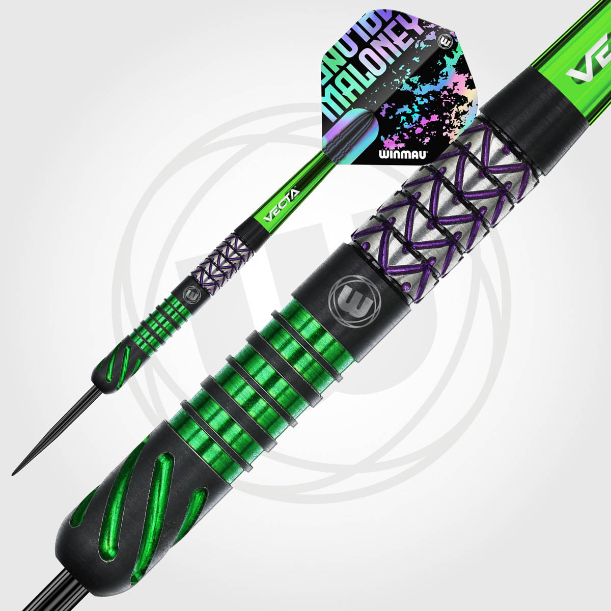 Mike Maloney Steel Tip Darts close up image showing detailed grip patterns, machining, coating, and precision craftsmanship