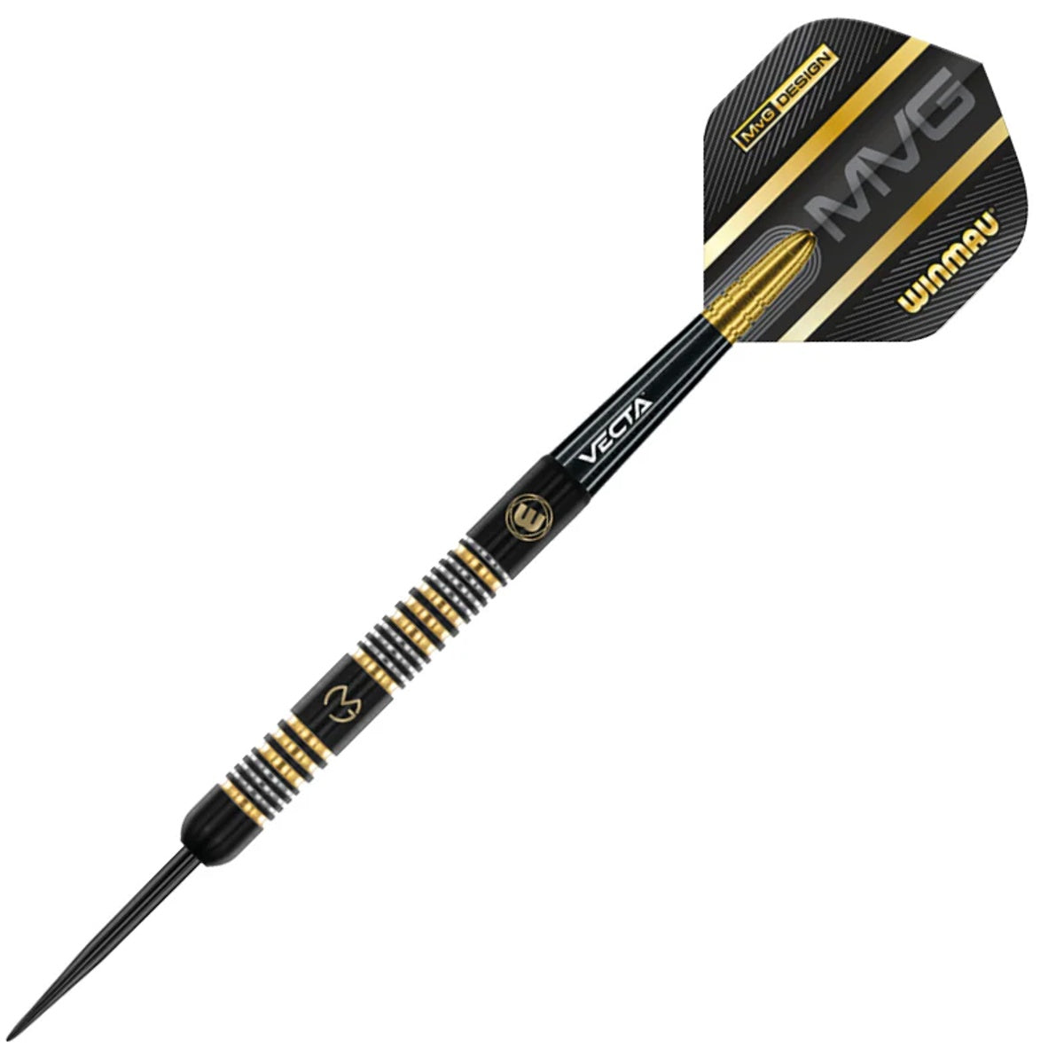 MVG Trilogy Steel Tip Darts angled product image displaying the barrel profile, grip layout, and design features