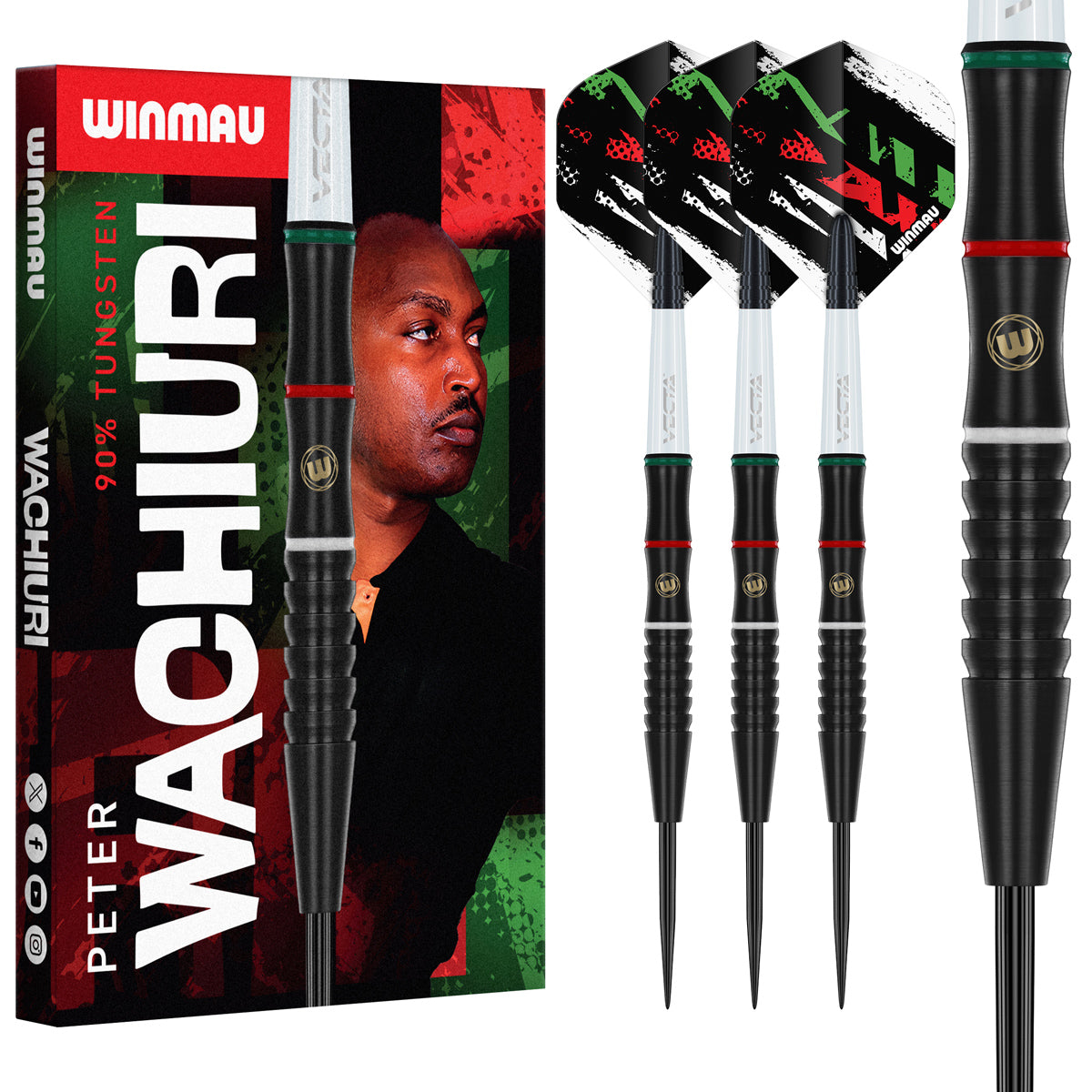 Peter Wachiuri Steel Tip Darts main product image showing the darts, packaging, flights, shafts, and included accessories