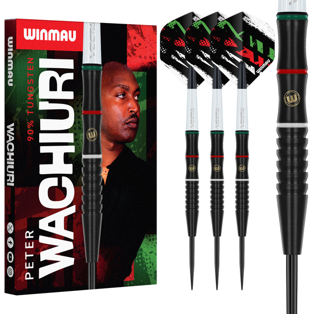 Peter Wachiuri Steel Tip Darts main product image showing the darts, packaging, flights, shafts, and included accessories