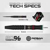 Peter Wachiuri Steel Tip Darts technical specifications image showing barrel dimensions, weight information, grip profile, and key product features