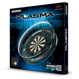 Winmau Plasma Dartboard Surround Light and Pro Line Original Black Surround Bundle outer box image showing the retail packaging and branding
