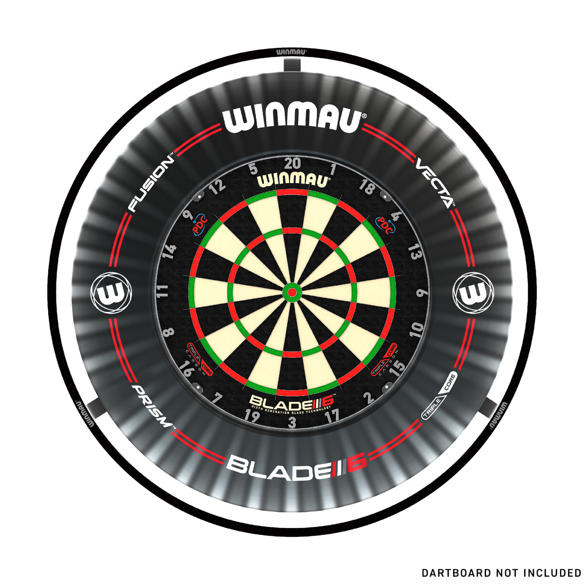 Winmau Plasma Dartboard Surround Light and Pro Line Original Black Surround Bundle straight product image showing the lighting and surround bundle with included contents