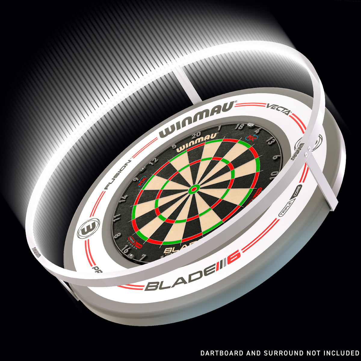 Winmau Plasma Ice 360 Degree Dartboard Light lifestyle image showing the lighting system installed in a real world darts setup and ready for play