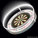 Winmau Plasma Ice Dartboard Surround Light and Pro Line Original White Surround Bundle lifestyle image showing the complete setup installed in a real world darts environment and ready for play