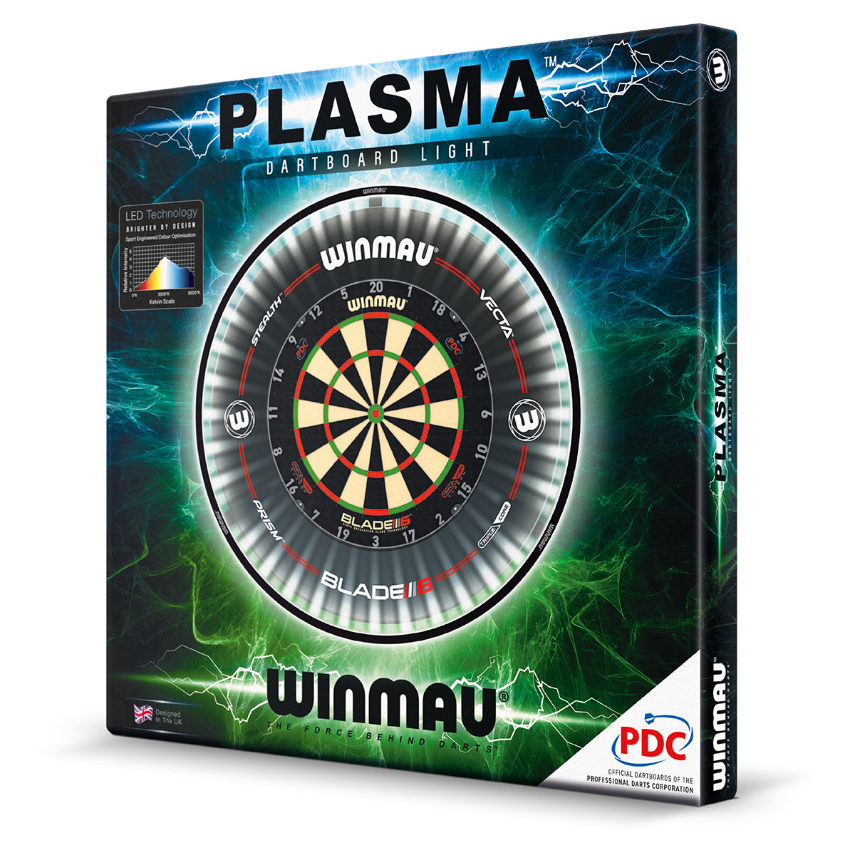 Winmau Plasma LED Dartboard Lighting System outer box image showing the retail packaging and branding