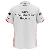 Winmau Pro Line Polo White Dart Shirt example image showing a personalised shirt with custom name and printed details displayed on the garment.