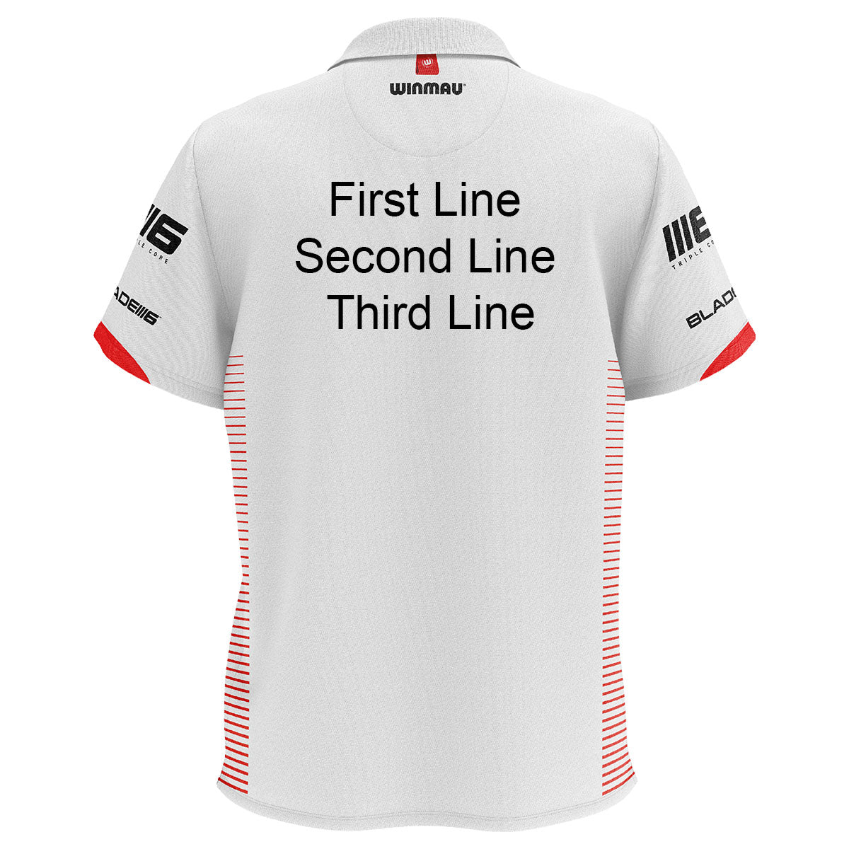 Winmau Pro Line Polo White Dart Shirt image highlighting available name and customisation options