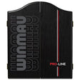 Winmau Pro-Line black dartboard cabinet with bold vertical stripes and a modern Winmau logo design.