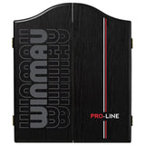 Winmau Pro-Line black dartboard cabinet with bold vertical stripes and a modern Winmau logo design.