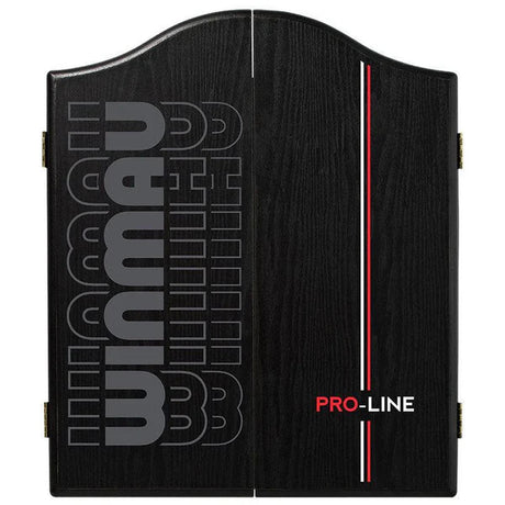 Winmau Pro-Line black dartboard cabinet with bold vertical stripes and a modern Winmau logo design.