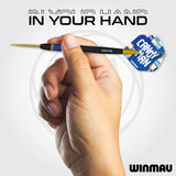 Rashad Sweeting Steel Tip Darts in hand image showing the barrel held in a player's hand to demonstrate grip position, scale, and profile shape