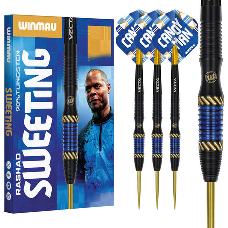 Rashad Sweeting Steel Tip Darts main product image showing the darts, packaging, flights, shafts, and included accessories