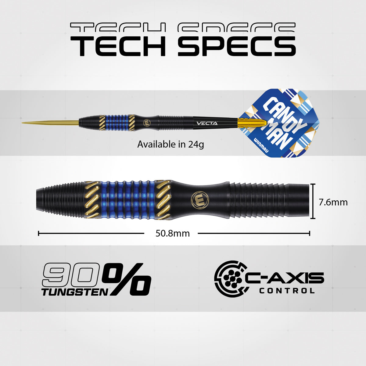 Rashad Sweeting Steel Tip Darts technical specifications image showing barrel dimensions, weight information, grip profile, and key product features