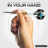 Ryan Branley Steel Tip Darts in hand image showing the barrel held in a player's hand to demonstrate grip position, scale, and profile shape