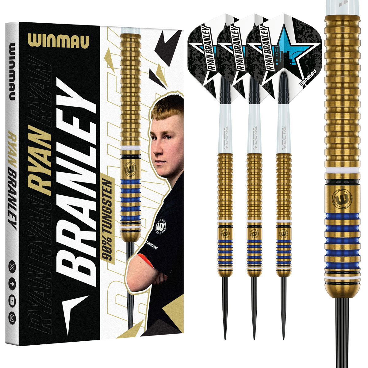 Ryan Branley Steel Tip Darts main product image showing the darts, packaging, flights, shafts, and included accessories