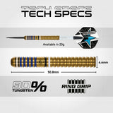 Ryan Branley Steel Tip Darts technical specifications image showing barrel dimensions, weight information, grip profile, and key product features