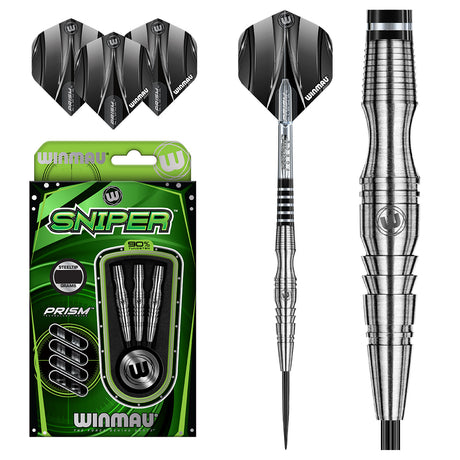 Sniper 03 Steel Tip Darts main product image showing the darts, packaging, flights, shafts, and included accessories
