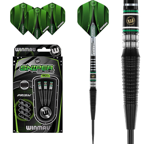 Sniper Black Steel Tip Darts main product image showing the darts, packaging, flights, shafts, and included accessories