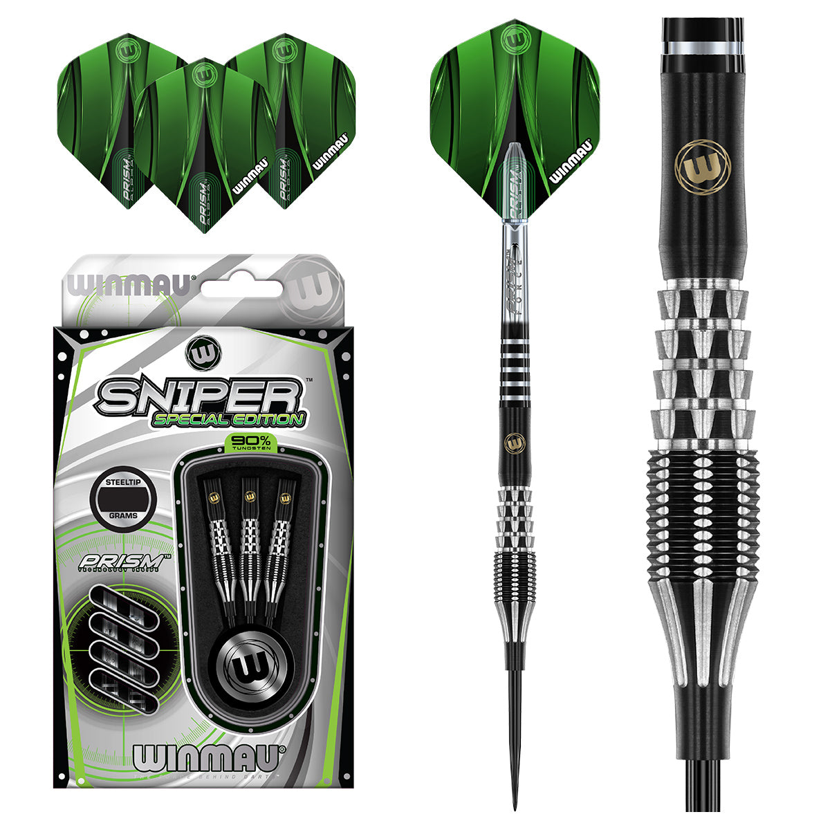 Sniper SE 01 Steel Tip Darts main product image showing the darts, packaging, flights, shafts, and included accessories