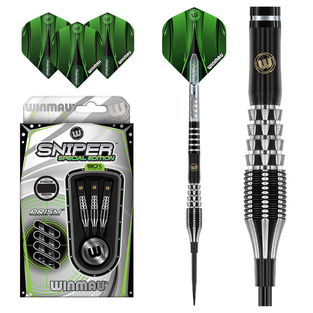 Sniper SE 01 Steel Tip Darts main product image showing the darts, packaging, flights, shafts, and included accessories