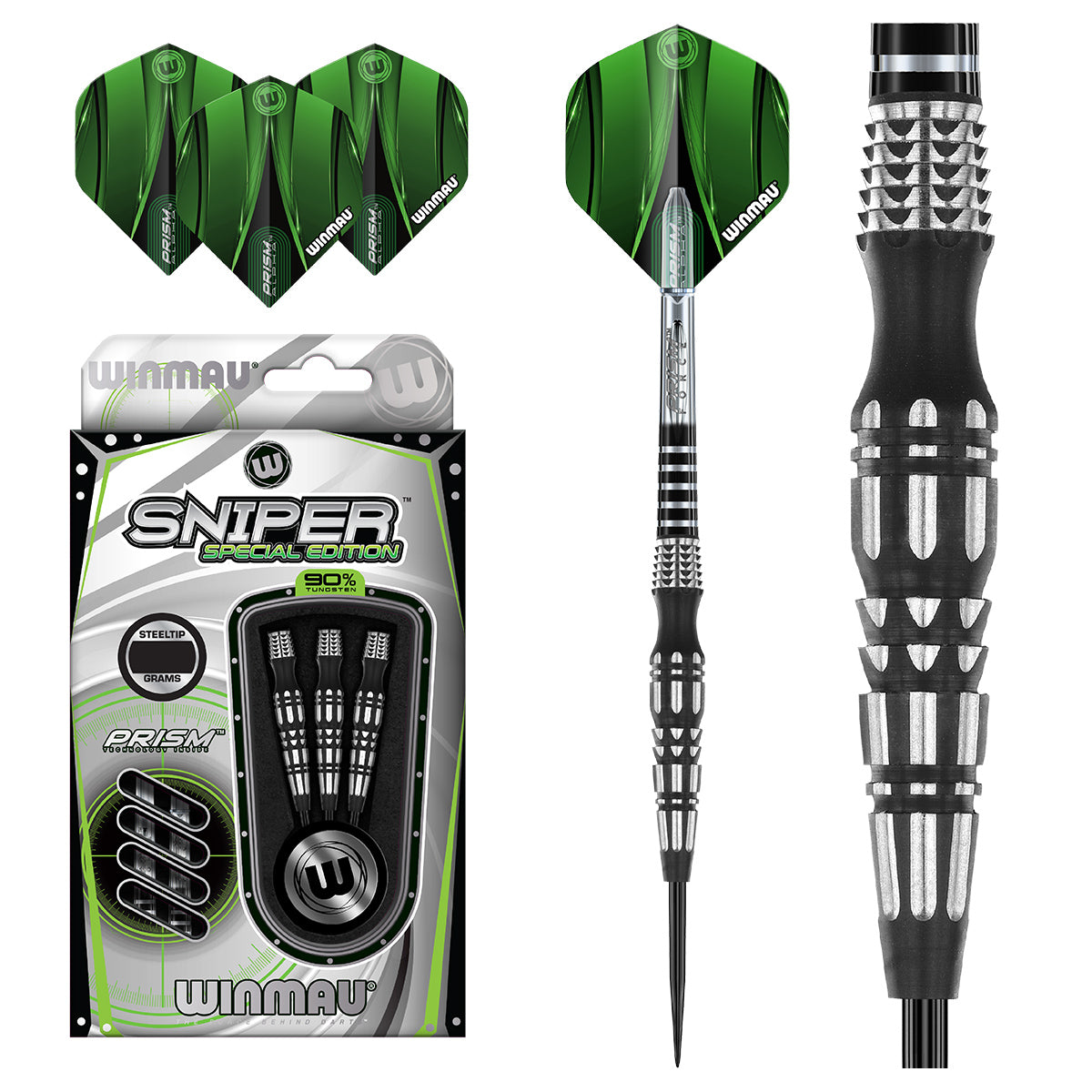 Sniper SE 02 Steel Tip Darts main product image showing the darts, packaging, flights, shafts, and included accessories