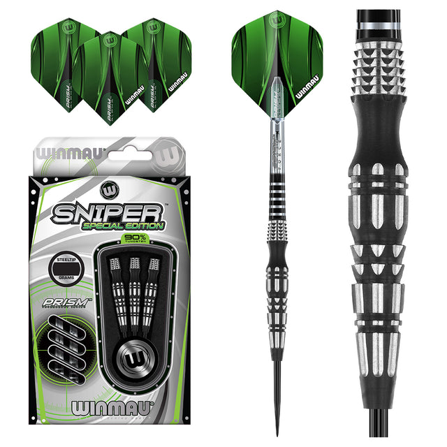 Sniper SE 02 Steel Tip Darts main product image showing the darts, packaging, flights, shafts, and included accessories