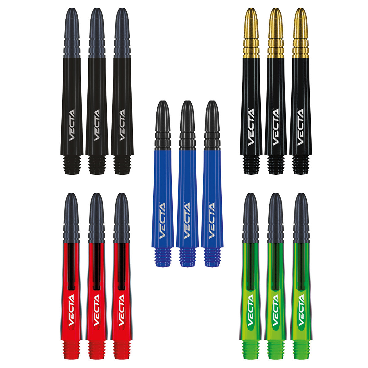 Winmau Vecta Shaft Collection image highlighting the multi pack format and included sets for extended use.