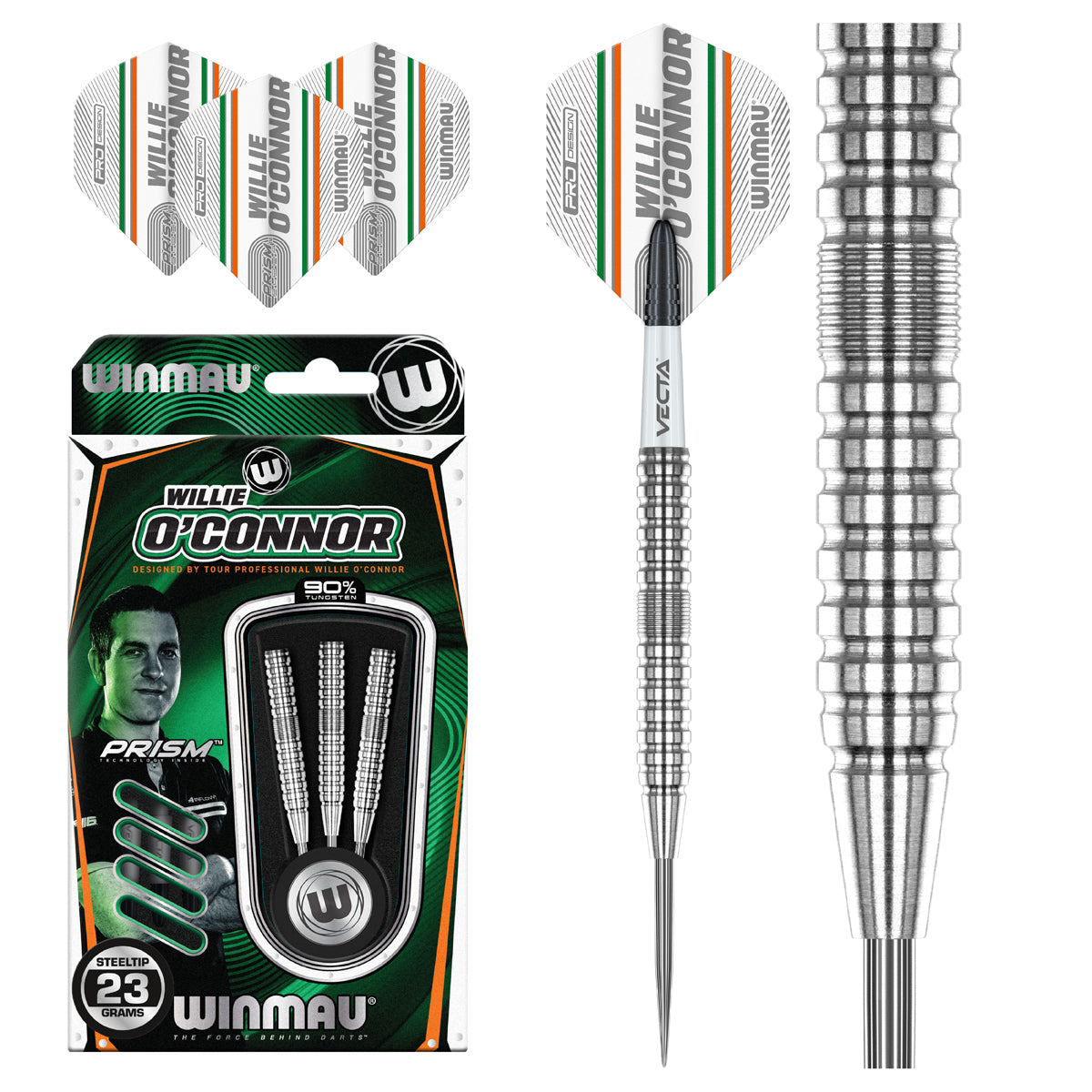 Willie O'Connor Steel Tip Darts main product image showing the darts, packaging, flights, shafts, and included accessories