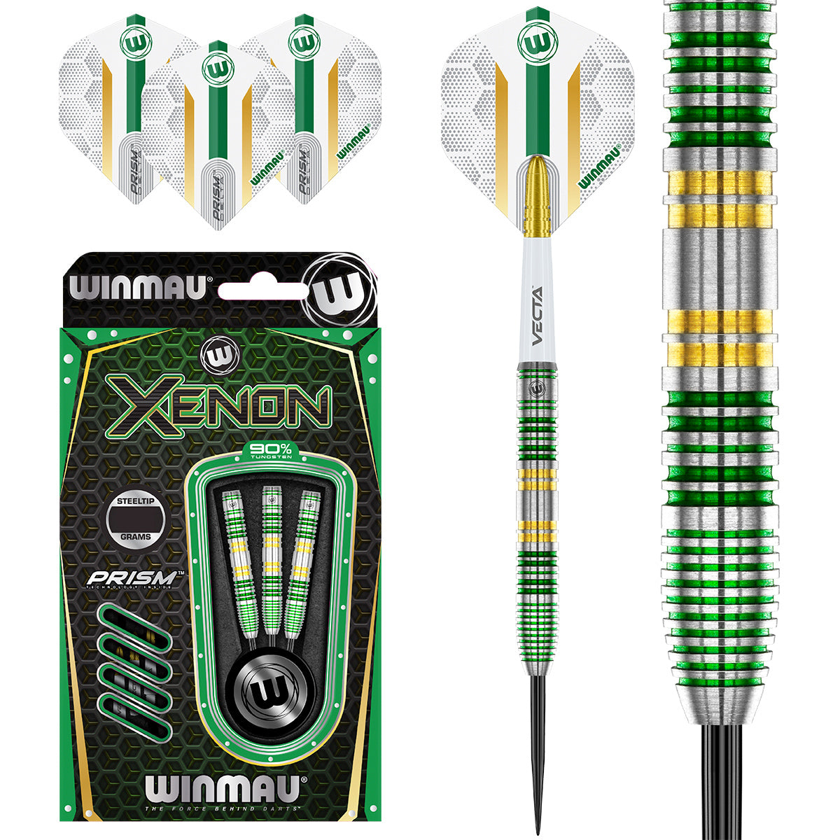 Xenon Steel Tip Darts main product image showing the darts, packaging, flights, shafts, and included accessories