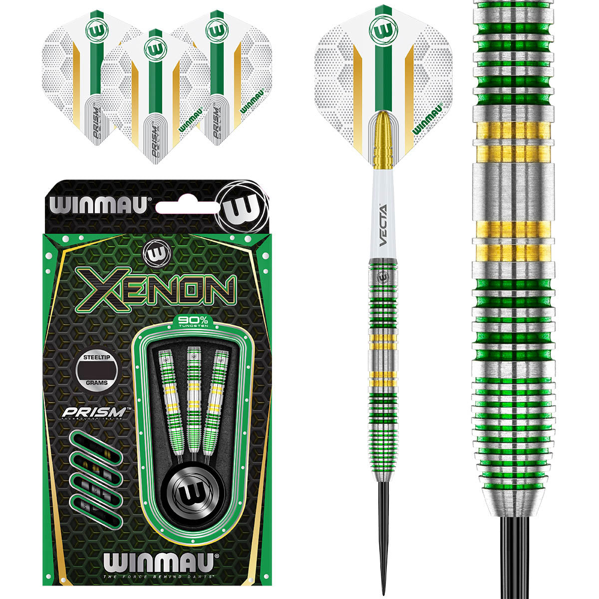 Xenon Steel Tip Darts main product image showing the darts, packaging, flights, shafts, and included accessories