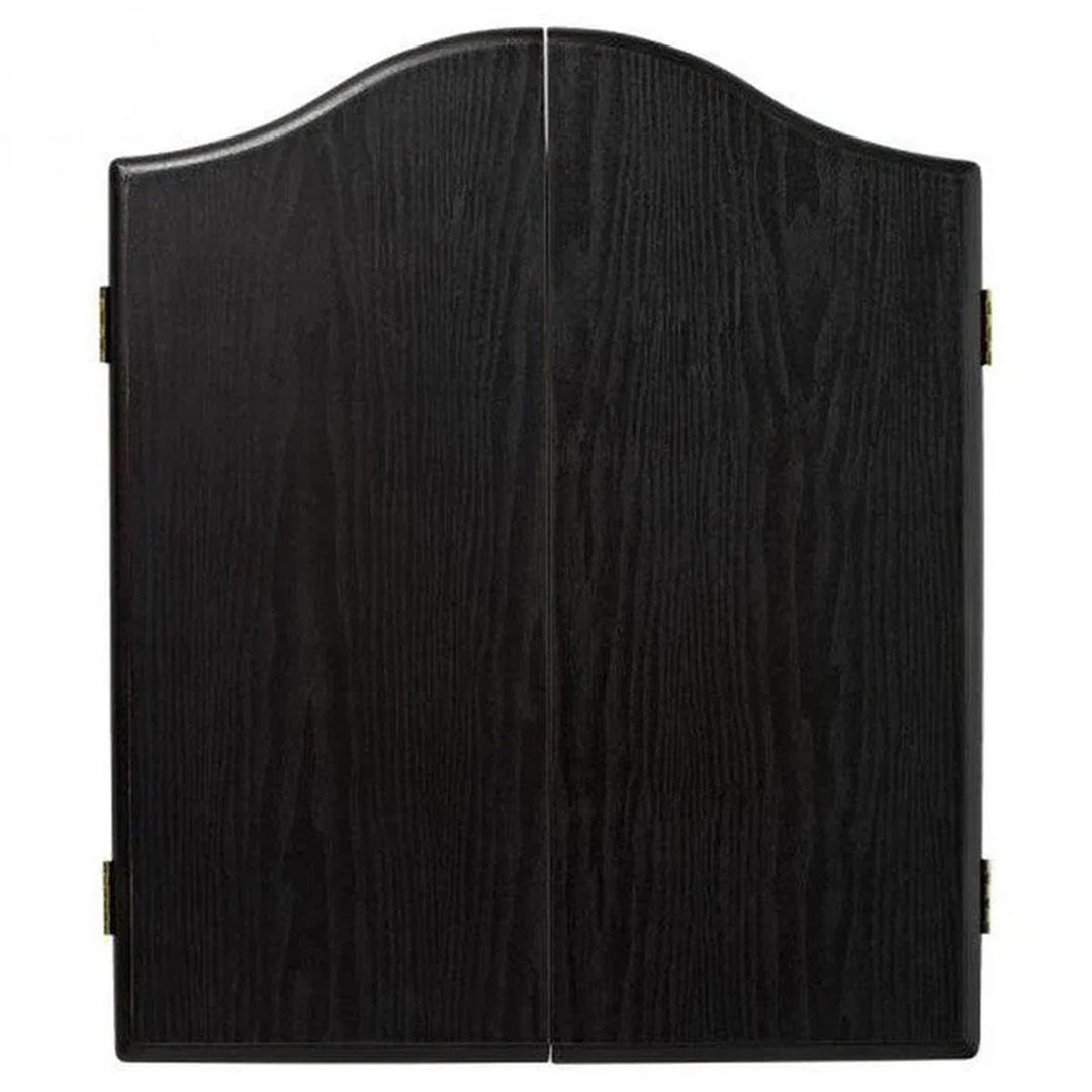 Closed Winmau plain black dartboard cabinet with a sleek, dark woodgrain finish and curved top design