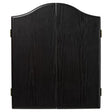 Closed Winmau plain black dartboard cabinet with a sleek, dark woodgrain finish and curved top design