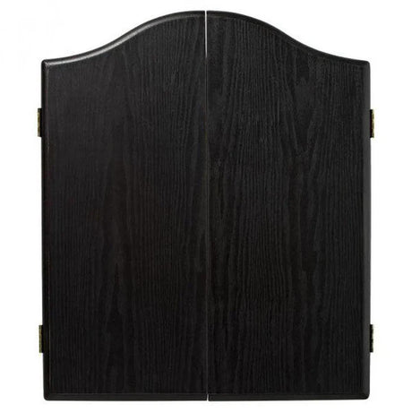 Closed Winmau plain black dartboard cabinet with a sleek, dark woodgrain finish and curved top design