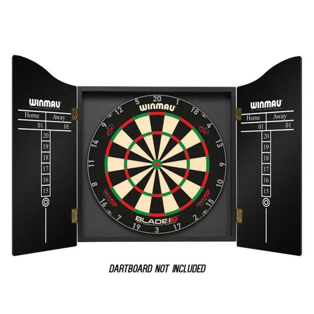 Open Winmau plain black dartboard cabinet with chalk scoreboards on each door panel (dartboard not included).