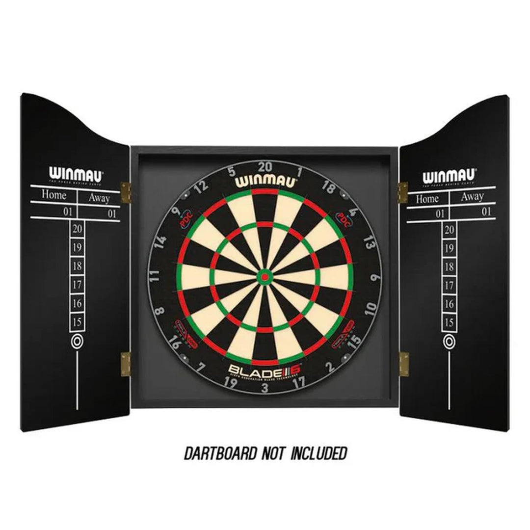 Open Winmau plain black dartboard cabinet with chalk scoreboards on each door panel (dartboard not included).