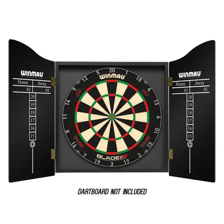 Open Winmau plain black dartboard cabinet with chalk scoreboards on each door panel (dartboard not included).