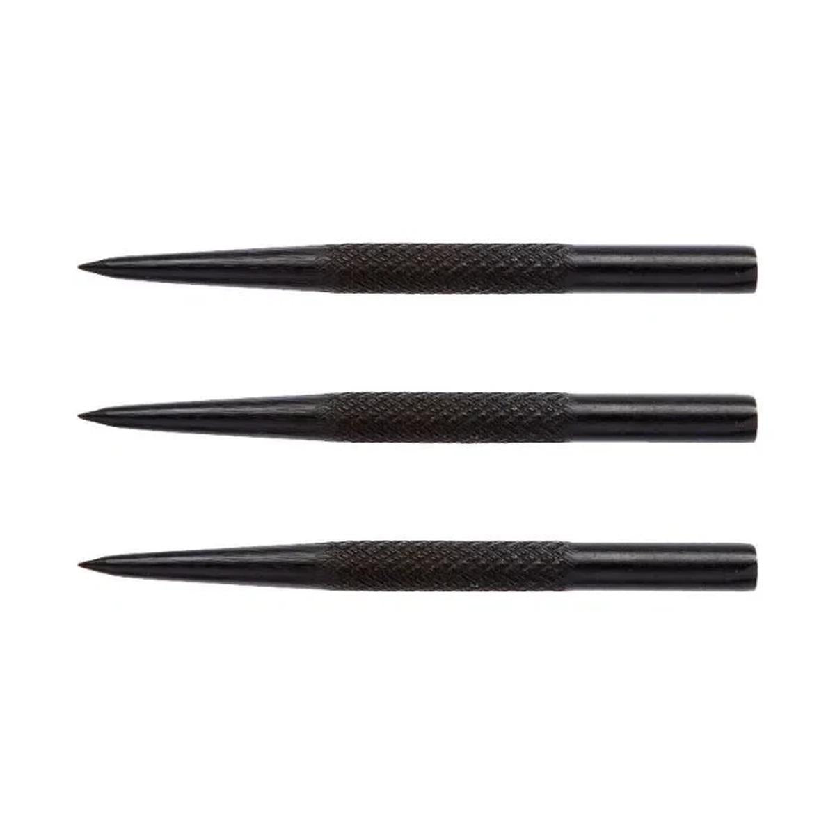 Set of three black steel dart points by Winmau featuring a knurled grip section for enhanced control and feel. 