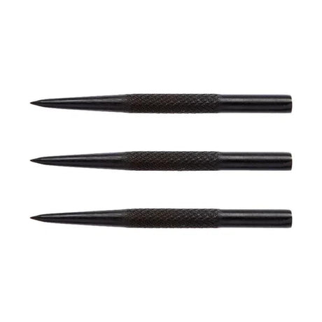 Set of three black steel dart points by Winmau featuring a knurled grip section for enhanced control and feel. 