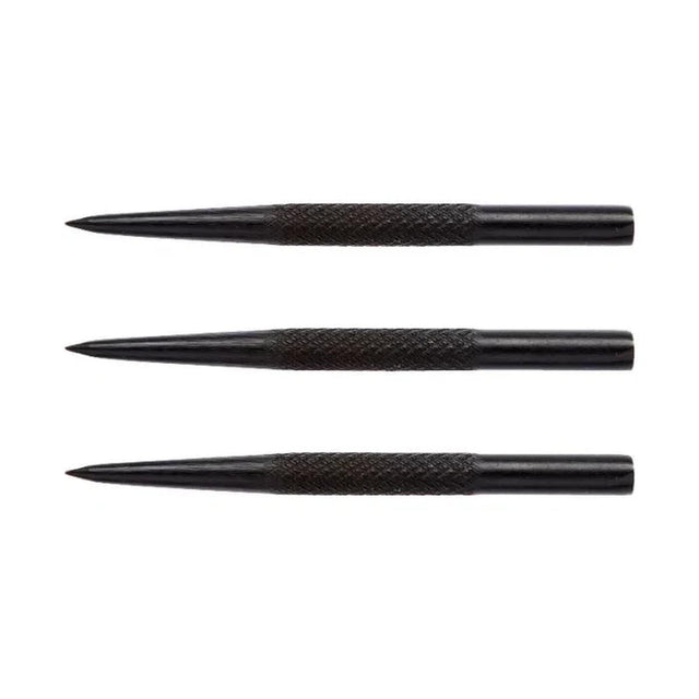 Set of three black steel dart points by Winmau featuring a knurled grip section for enhanced control and feel. 