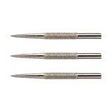 Three silver steel dart points by Winmau featuring a knurled grip texture for secure finger placement.