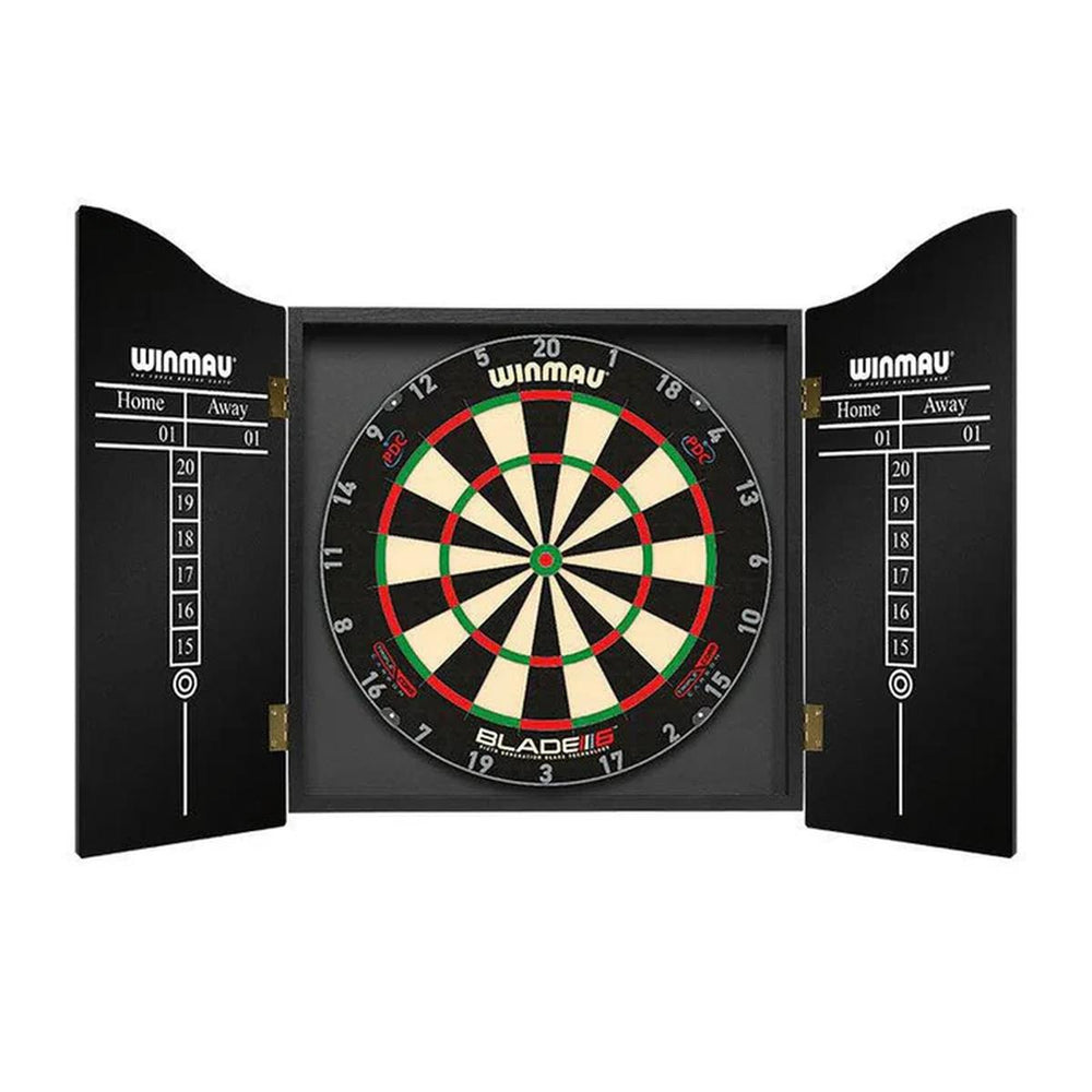 Open Winmau Man Cave dartboard cabinet displaying chalk scoreboards and a Blade 6 dartboard (dartboard not included).