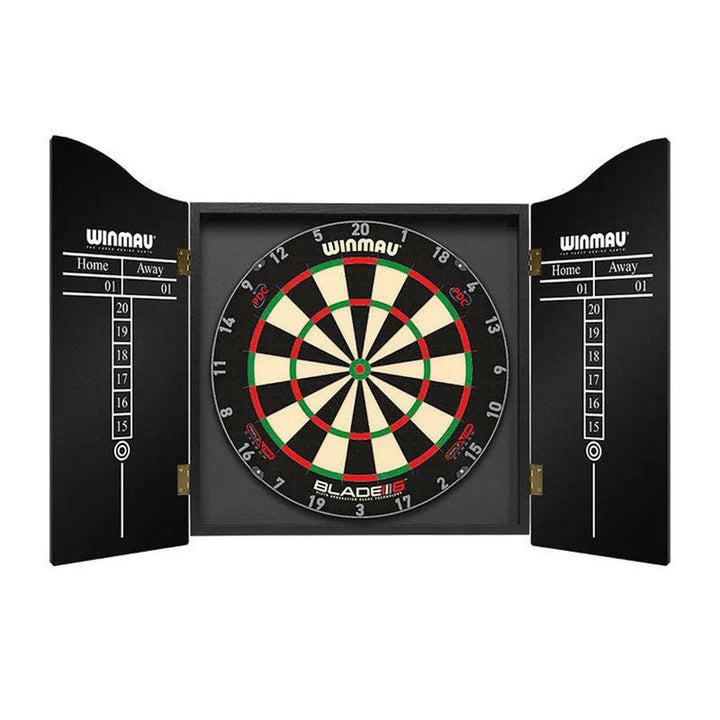 Open Winmau Man Cave dartboard cabinet displaying chalk scoreboards and a Blade 6 dartboard (dartboard not included).