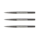 Three silver steel tip dart points with a ringed grip section, shown in horizontal alignment
