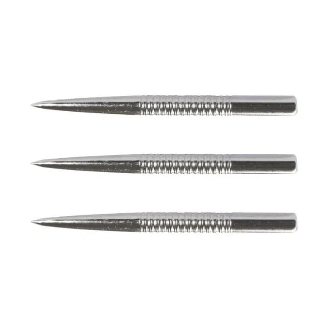 Three silver steel tip dart points with a ringed grip section, shown in horizontal alignment