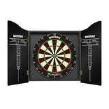 Winmau plain rosewood dartboard cabinet open to reveal a Blade 6 dartboard and chalk scoreboards on each door panel